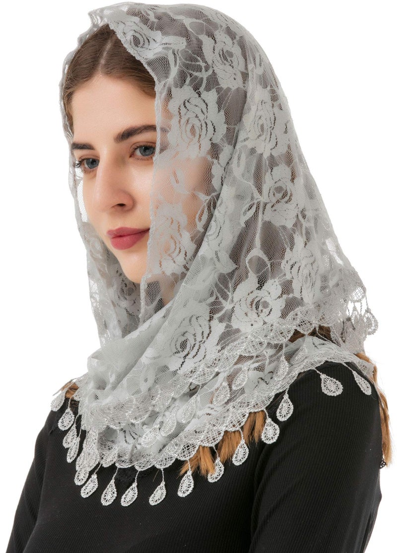 PAMOR Mass Veil Triangle Mantilla Cathedral Head Covering Chapel Veil Lace Shawl Latin Scarf (Gray) - Image 1